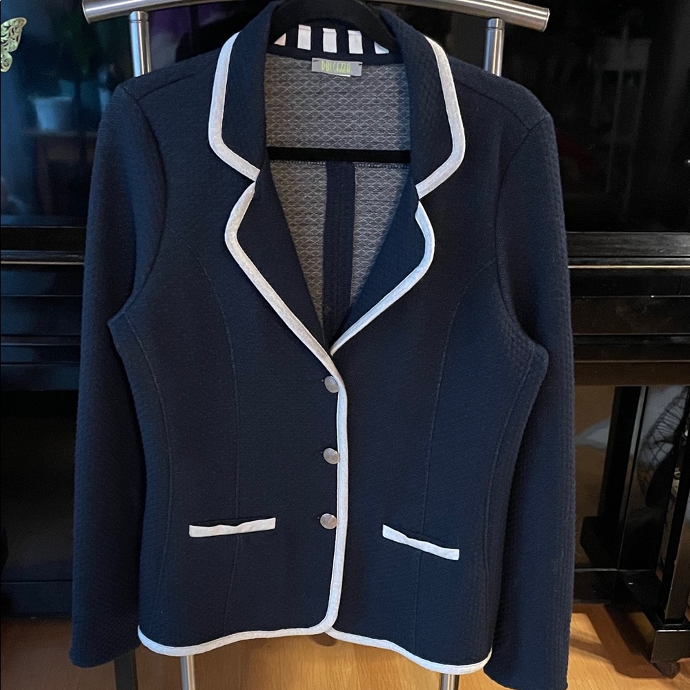 Classic Navy Blazer with White Trim - Women's Suit Jacket